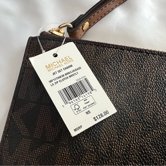 NWT Michael Kors Jet Set Charm Large Zip Clutch Wristlet Wallet Brown/Luggage - Picture 4 of 8